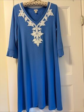 Hatley Blue V-Neck Tunic Dress with White Lace Appliqué
